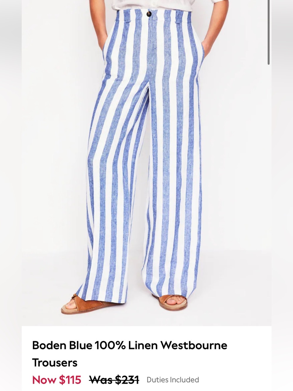 Boden Blue and White Vertical Stripe Wide-Leg Linen Trousers